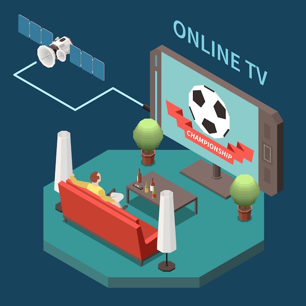 Free vector telecommunication isometric composition with man watching satellite online tv at home 3d vector illustration