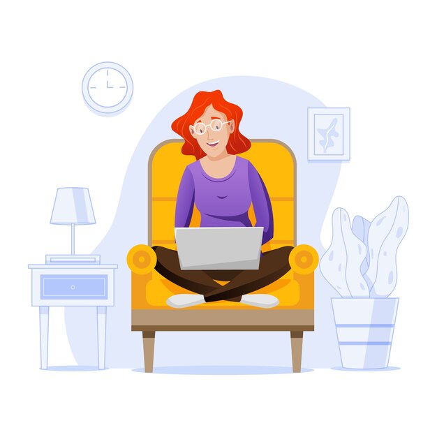 Telecommuting концепция с женщиной у себя дома