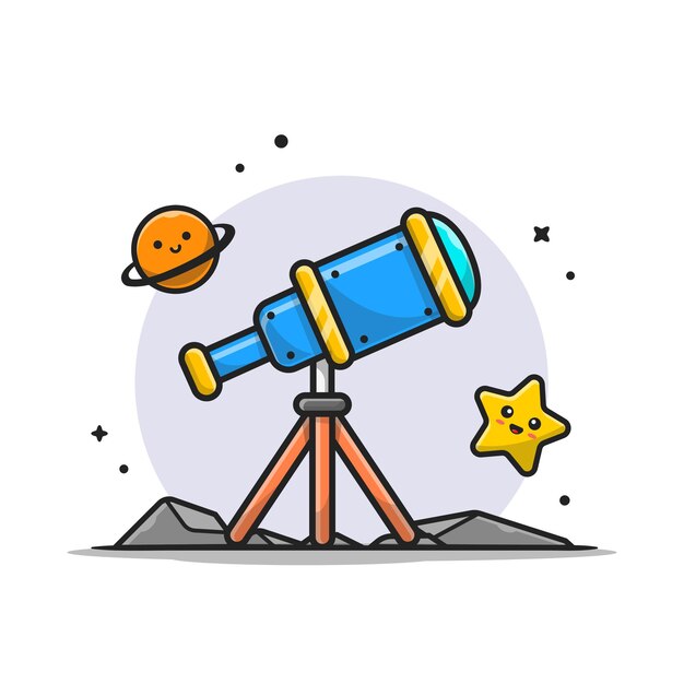 망원경 천문학보기 귀여운 행성 및 귀여운 스타 만화 아이콘 그림.