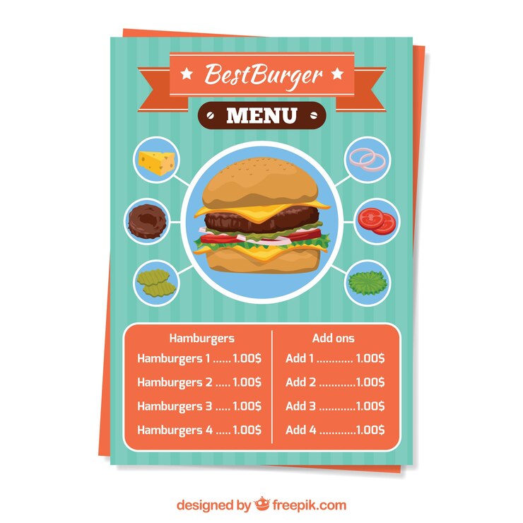 Free Vector template of burger menu with delicious ingredients