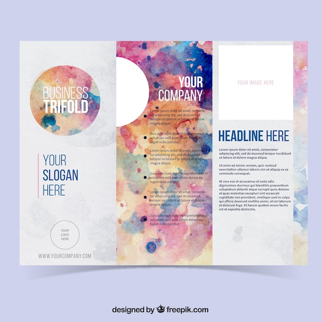 Free vector template of business trifold with watercolor stains