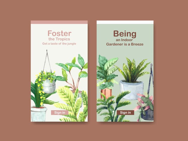 template design with summer plant and house plants for social media, online community, internet and advertise watercolor