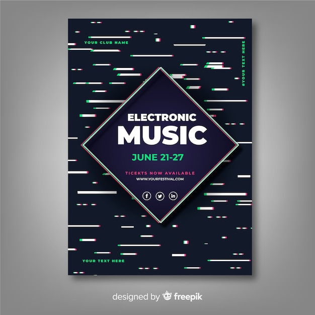 Vettore gratuito poster di musica elettronica modello con effetto glitch