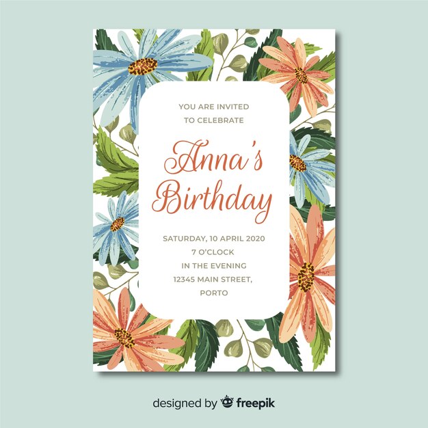 Free vector template floral birthday invitation