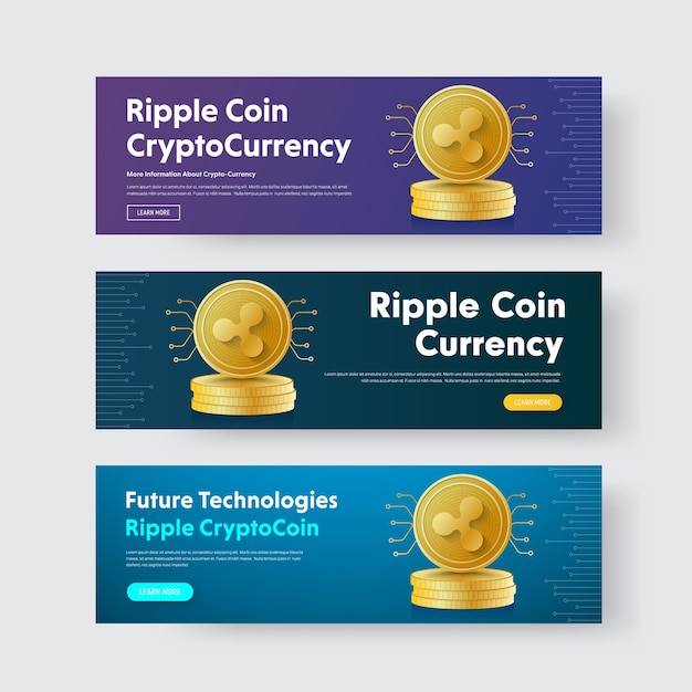 Template of horizontal banners with a pile of gold coins of crypto currency ripple.