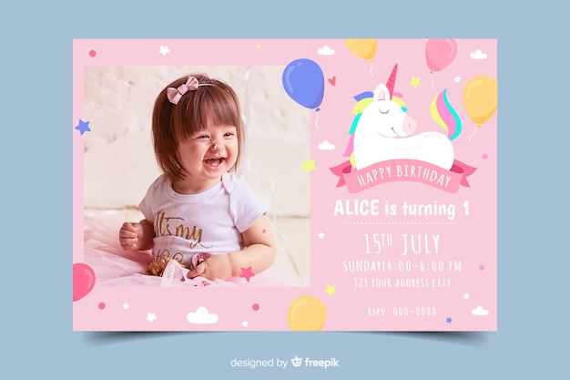 Free vector template kids birthday invitation with photo