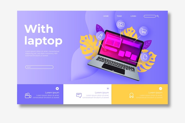 Free vector template landing page with laptop