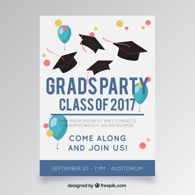 Template of party poster with balloons and graduation caps