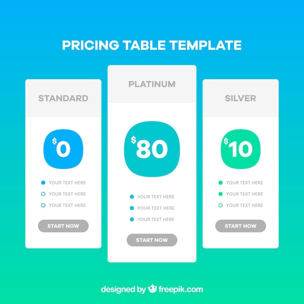 Template of price tables with color details