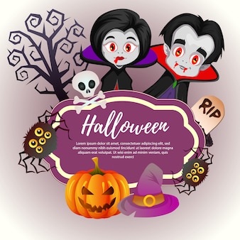 Template purple halloween with witch vampire couple