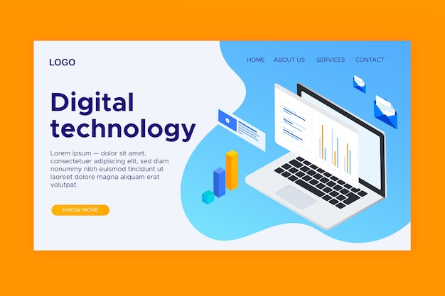 Free vector template technology landing page in isometric design