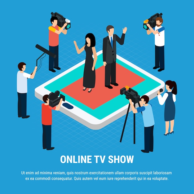 Free vector template with shooting team journalists celebrities human characters on tablet screen