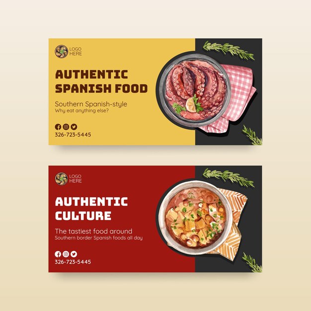 template with Spainish cuisine concept design for social media watercolor illustration