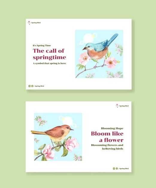 ソーシャルメディアとコミュニティの水彩イラストの春と鳥のコンセプトデザインのテンプレート