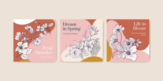 template with spring line art concept design watercolor  banner