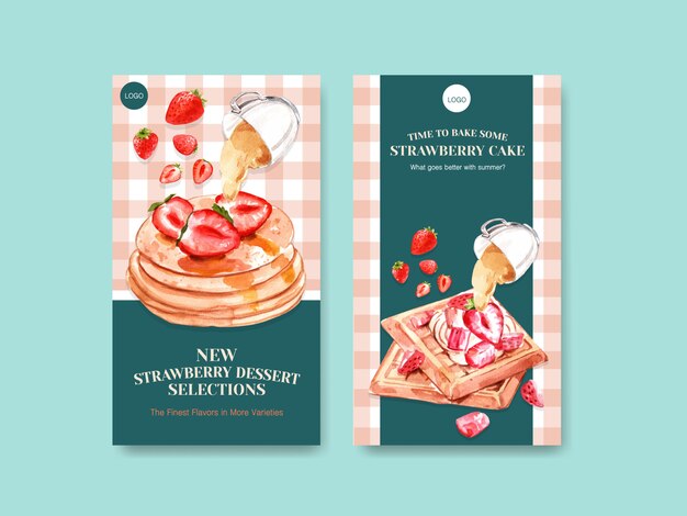 template with strawberry baking design for social media with waffles and pancake watercolor illustration