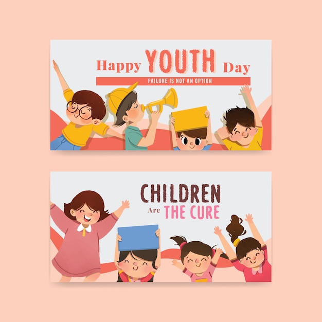 Free vector template with youth day design for international youth day, social media, watercolor