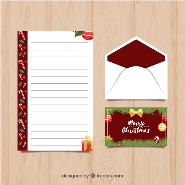 Шаблоны письма и конверта для рождества с темно-красными элементами