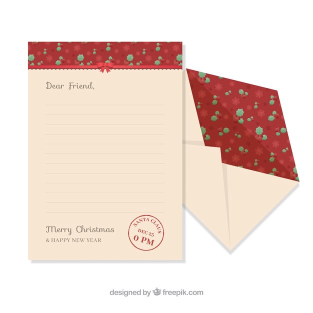 Templates of a letter and envelope with red christmas pattern 