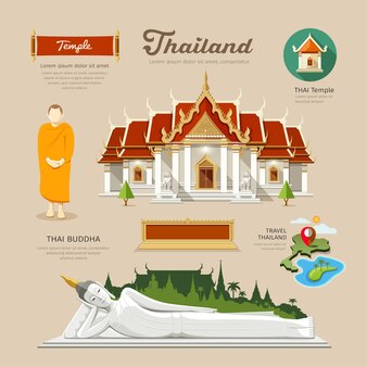 タイのベクトル図の僧侶と寺院のアイコンコレクションと寺院と涅槃仏