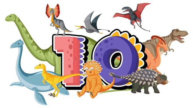 Ten dinosaurs with number ten cartoon