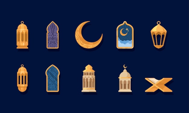 Ten ramadan muslim celebration icons