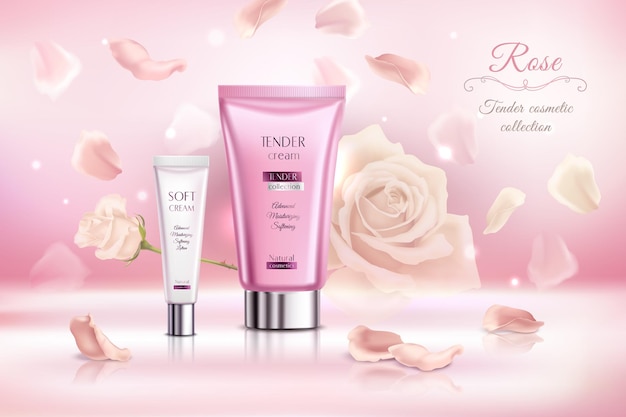 Tender cosmetic collection rose poster with soft cream tubes illustration