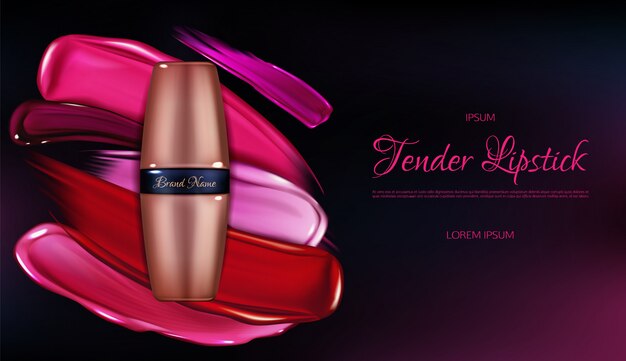 Tender lipstick line 3d realistic vector advertising banner with glossy