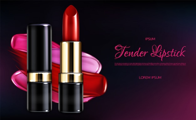 Tender lipstick line 3d realistic vector advertising banner with glossy