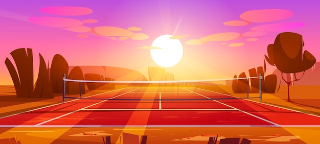 Campo sportivo da tennis con rete al tramonto