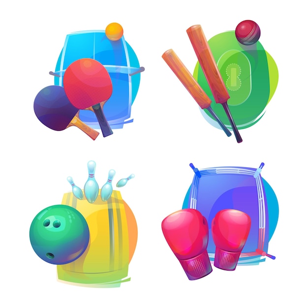 Tennis and cricket bowling boxing equipment icons or logo