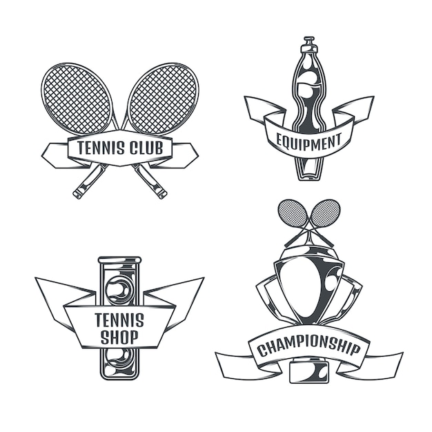 Бесплатное векторное изображение Теннисный набор из четырех изолированных логотипов в винтажном стиле