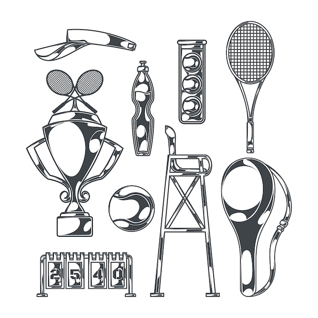 ラケットとカップを備えたスポーツ用品の孤立したモノクロ画像で設定されたテニス