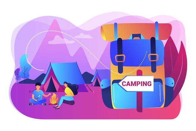 숲의 텐트, 관광객 하이킹, 배낭 여행. 여름 캠핑, 가족 캠핑 모험, 잠자는 캠프, 최고의 캠핑 장비 개념. 밝고 활기찬 보라색 고립 된 그림