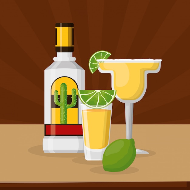 Tequila and Lemon with cocktail margarita, mexican celebration