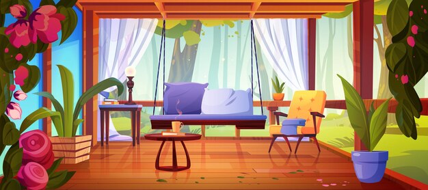 Terrace with access to forest wooden floor and glass walls chair and swing plants in pot and curtains Cartoon patio with furniture and flowers for relax and vacation Veranda in garden in summer