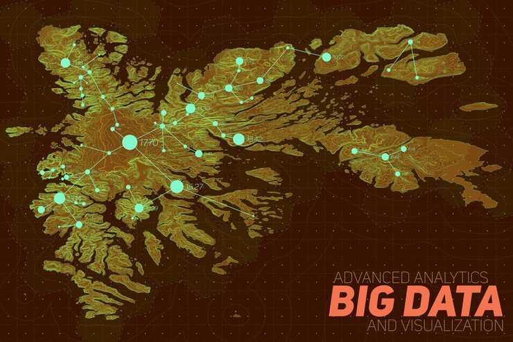 Free Vector terrain big data visualization. futuristic map infographic. complex topographical data graphic visualization. abstract data on elevation graph. colorful geographical data image.