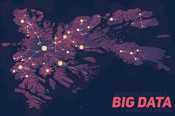 Free Vector terrain big data visualization. futuristic map infographic. complex topographical data graphic visualization. abstract data on elevation graph. colorful geographical data image.