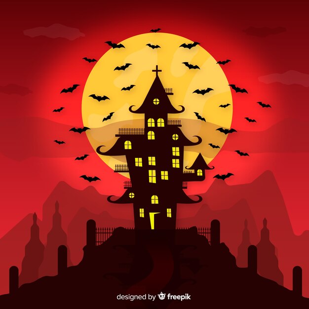 Terrific halloween haunted house with flat design