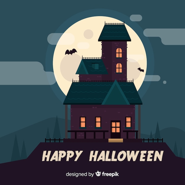 Terrific halloween haunted house with flat design