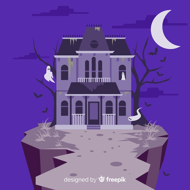 Vettore gratuito fantastica casa infestata di halloween con design piatto