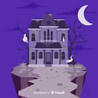 Free vector terrific halloween haunted house with flat design