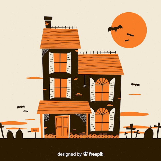 無料ベクター 恐ろしい手描きハロウィーンの幽霊の家