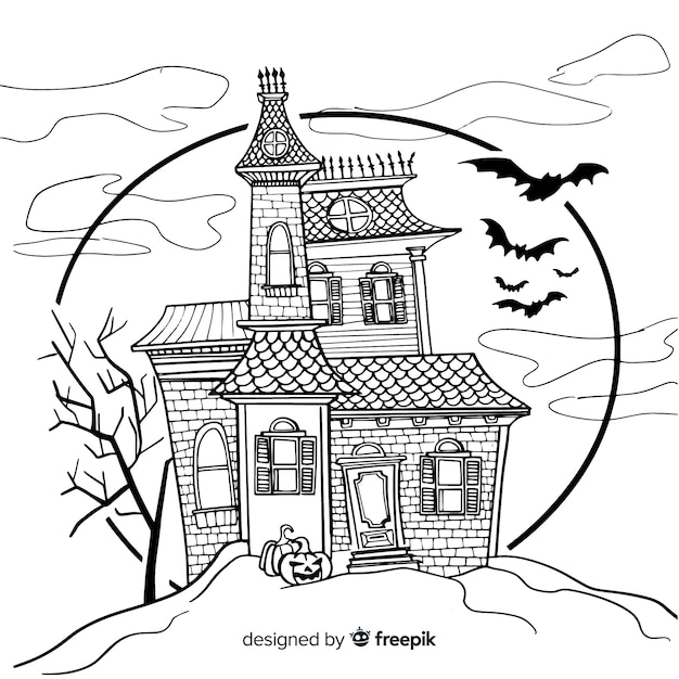Terrific hand drawn haunted house Premium Vector