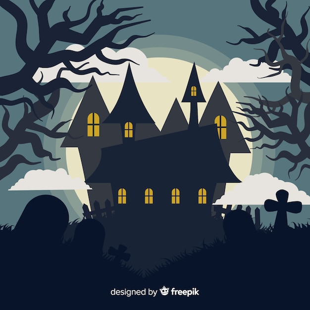 Free vector terrific haunted house with flat design