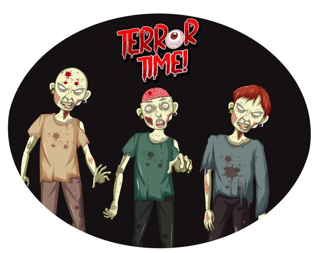 Текстовый дизайн Terror Time с тремя жуткими зомби