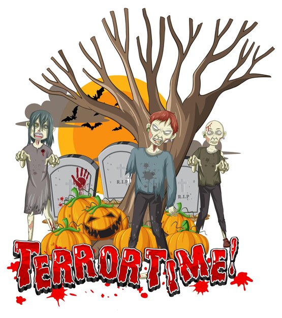 Террор время слово баннер с зомби на хэллоуин