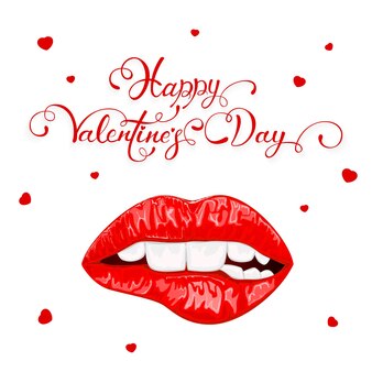 Text happy valentines day with red hearts and biting female lips isolated on white background, illustration.