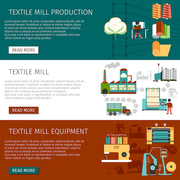 Free vector textile mill flat horizontal banners set