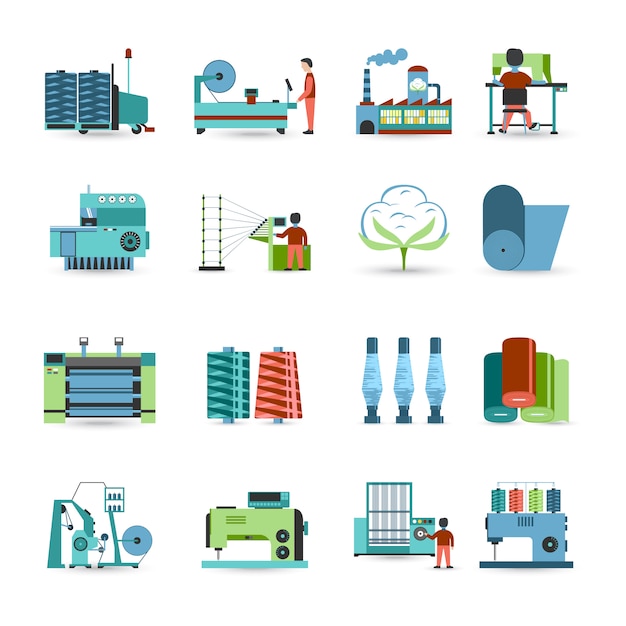 Textile mill flat icons set